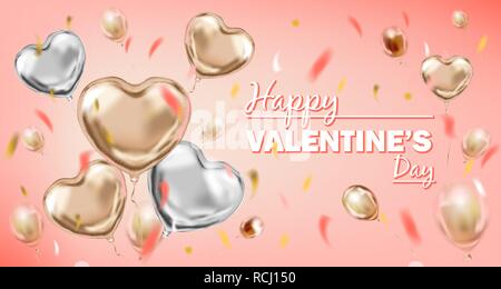 Pink und Silber Folie Herzform Ballons und Happy Valentines Tag Schriftzug Stock Vektor
