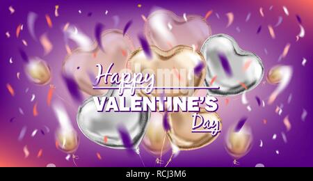 Happy Valentines Tag violett Bild mit Folie Luftballons Stock Vektor