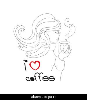 Ich liebe Kaffee Karte - Mädchen mit Tasse Kaffee Stock Vektor