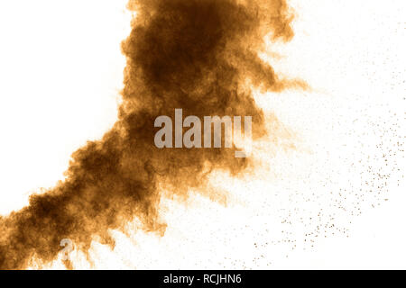 Abstrakte dunkelbraun Staubexplosion auf weißem Hintergrund. Freeze Motion von Kaffee mochte Farbe Staub Splash. Stockfoto