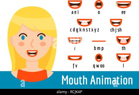 Mund Lip Sync für die Animation der Aussprache. Phonem Mund formen Sammlung von eine blonde Frau mit blauen Augen und roten Lippen. Sprechen avatar Kopf. Cartoon Flat Style. Vector Illustration Stock Vektor