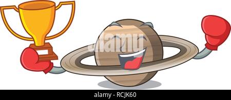 Boxing Sieger Planet Saturn über dem Himmel Cartoon Stock Vektor