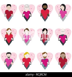 Set von 12 Icons von Multiethnischen erwachsene Holding valentine Liebe Herzen Stock Vektor