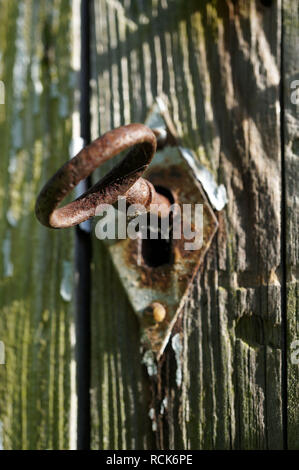 Eine alte rostige Schlüssel wird in einem verwitterten alten Tür klemmt Stockfoto