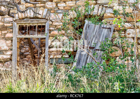 Gebrochene Holz- Fenster und Tür in einem derrelict verlassenen städtischen Haus mit verwilderten Strauch. Stock Bild. Stockfoto