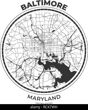 T-Shirt map Abzeichen von Baltimore, Maryland. T-Shirt print Typografie label Abzeichen Emblem. Vector Illustration Stock Vektor