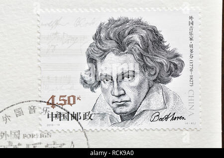 CHINA – UM 2010: Eine in China gedruckte Marke zeigt 2010-19 ausländische Musiker Beethoven, um 2010. Stockfoto