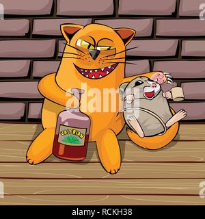 Rote Katze und Maus im Keller trinken Valerian. Maus betrunken. cat Suchen tricky, er zeigt seine Zähne und Krallen. Cartoon Illustration mit isolierten ob Stock Vektor