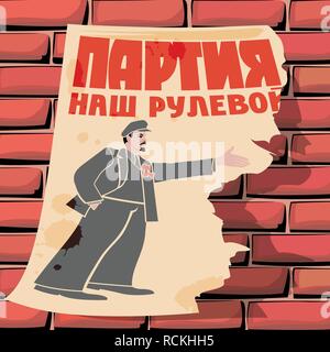 Zerrissen Poster von Lenin an der Wand. Die Inschrift auf Russisch sagt, daß die Partei den Weg zeigen. Cartoon, Satire, Vector Illustration. Stock Vektor