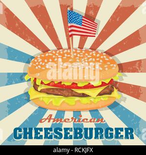 Cheesburger Symbol. Classic Burger American Cheeseburger mit Salat Tomate Käse Rindfleisch auf dem Hintergrund der Farben der amerikanischen Flagge. Fast Food. Rindfleisch Stock Vektor