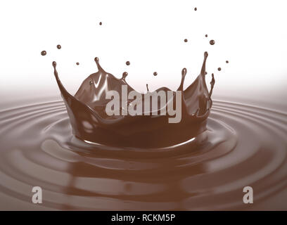 Flüssige Schokolade Krone splash mit Wellen. Perspektivische Ansicht. auf weißem Hintergrund. Stockfoto