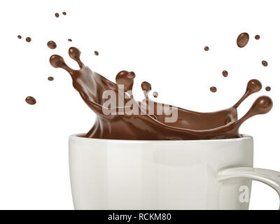 Weiße Tasse mit flüssiger Schokolade Splash. Nahansicht von Seite, auf weißem Hintergrund mit Freistellungspfad enthalten. Stockfoto