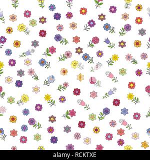 Nahtlose Muster mit unterschiedlichen Frühling Blumen. Isolierte Elemente auf einem weißen Hintergrund. Vektor hand Zeichnung Abbildung. Stock Vektor