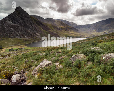 Drone Luftaufnahme Landschaft der Fluß über die Felsen und Wasserfall in Snowdonia fließende Stockfoto