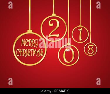 Festliche Hintergrund rot mit goldenen Weihnachtskugeln und Frohe Weihnachten Text. Vector Illustration. Begrüßung Stock Vektor