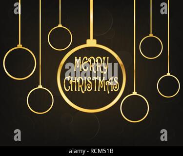 Festliche Hintergrund mit goldenen Weihnachtskugeln und Frohe Weihnachten Text. Vector Illustration. Urlaub Gruß. Stock Vektor