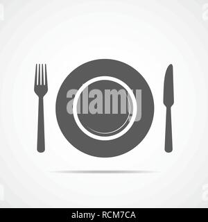 Teller, Messer und Gabel Symbol in flacher Ausführung. Vector Illustration. Grau restaurant Symbol. Stock Vektor