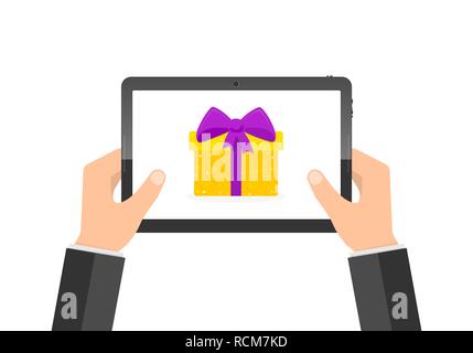 Hände der Geschäftsmann mit Tablet und Geschenk Box auf dem Bildschirm. Vector Illustration. Feier Konzept Stock Vektor
