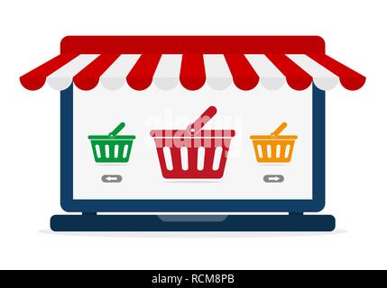 Einfache, offene Laptop mit Bildschirm kaufen, in flacher Ausführung. Vector Illustration. Konzept online shopping Stock Vektor