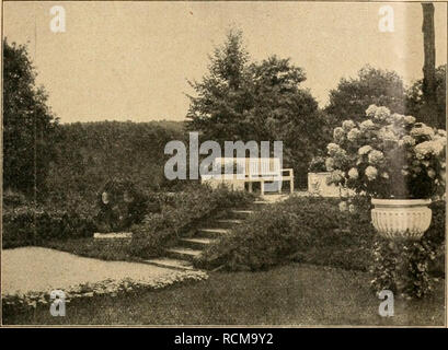 . Gartenwelt sterben. Im Garten arbeiten. XVIII, 42 Gartenwelt sterben. 519. Blick vom Blumengarten zur Terrasse. groÃenl mit Hortensien bepflanzten Vasen, welche das Wasser - Becken umgeben, sichtbar. BrÃ¼Stungsmauer der Garten-Treppe ist-mit-Schlingrosen Dorothy Perkins berankt Sterben. Schön geformte lÃ¤ngliche, mit LÃ¶wenkÃ¶Kreuzer gezierte SteinkÃ¼bel krÃ¶nen zu Nummern-oper Seiten der Treppe sterben Terrassenmauer; hier bilden Semperflorensbegonien den Blumenschmuck. Auf der Terrasse bietet eine weiÃlackierte Bank Gelegenheit zum Ruhen und Rasten, deren Form durch das dunkle GrÃ¼n der Taxus-Hecke, welche sterben Terrasse d Stockfoto