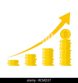 Heap des Goldenen bitcoins in flacher Ausführung. Vector Illustration. Bitcoin Wachstum Konzept mit Pfeil nach oben Stock Vektor