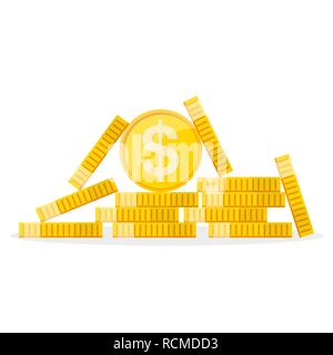 Heap der Golden Dollar Münzen in flacher Ausführung. Vector Illustration. Dollar Wachstum Konzept Stock Vektor