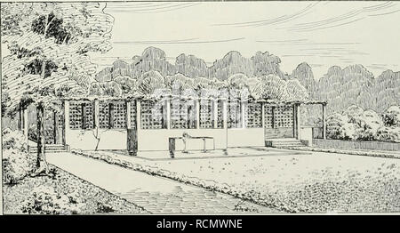 . Gartenkunst sterben. Landschaftsbau; Gärten - Europa. Fr. Scherer: Studie zur Umgestaltung des Bismarckgartens in Heidelberg. Ansicht aus der Vogeischau. als Rosenlauben hergestellt werden können, versehen. Zur Zeit der Rosenblüte wird of this Gartenteil sicher eine sroßc Anziehungskraft für die Besucher bilden. Den Abschluß bildet ein / Norden mit 2 bis 3 m hohen Hecke umschlossener Raum, dessen Mitte ein regelmäßiges Wasserbecken mit springstrahl ein-nimmt (vergl. Siehe Abb. S. 40). Zum beschaulichen Ruhen wird of this Raum mit dem leise plätschernden Wasser sehr willkommen sein. Stockfoto