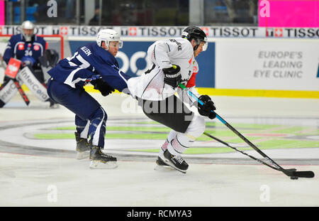 Pilsen, Tschechische Republik. 15 Jan, 2019. L-R Conor Allen (Pilsen) und Anders (Gronlund Frolunda), die in Aktion beim Rückspiel Eishockey Champions League Play off Halbfinale HC Skoda Plzen vs Frolunda Indianer, und am 15. Januar 2018, in Pilsen, Tschechische Republik. Credit: Miroslav Chaloupka/CTK Photo/Alamy leben Nachrichten Stockfoto