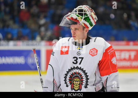 Pilsen, Tschechische Republik. 15 Jan, 2019. Johan Gustafsson (Frolunda) im Rückspiel der Eishockey Champions League Play off Halbfinale HC Skoda Plzen vs Frolunda Indianer gesehen wird, am 15. Januar 2018, in Pilsen, Tschechische Republik. Credit: Miroslav Chaloupka/CTK Photo/Alamy leben Nachrichten Stockfoto