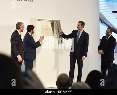 Murcia, Spanien. 15. Januar, 2019. Spanischen König Felipe VI mit dem Präsidenten der Region Murcia, Fernando Lopez Miras während der Einweihung des Internationalen Flughafen Murcia in Murcia am Dienstag, den 15. Januar 2019 Credit: CORDON PRESSE/Alamy leben Nachrichten Stockfoto