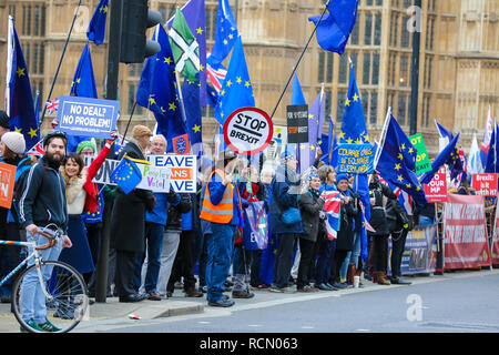 London, Großbritannien. 15 Jan, 2019. Hunderte von Anti-Brexit und Pro-Brexit Demonstranten gesehen halten Fahnen und Plakaten während des Protestes. Anti-Brexit und Pro-Brexit Demonstranten gesehen protestieren außerhalb der Häuser des Parlaments. Später an diesem Abend nach fünf Tagen Debatte, MPs wird auf der britische Premierminister Theresa's EU Widerrufsrecht deal Stimmen. Credit: Dinendra Haria/SOPA Images/ZUMA Draht/Alamy leben Nachrichten Stockfoto