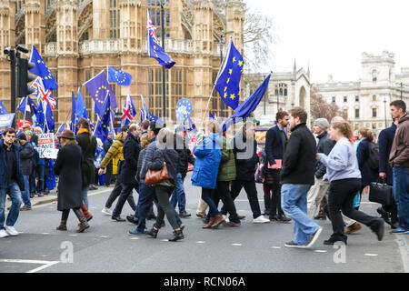London, Großbritannien. 15 Jan, 2019. Hunderte von Anti-Brexit und Pro-Brexit Demonstranten gesehen halten Fahnen und Plakaten während des Protestes. Anti-Brexit und Pro-Brexit Demonstranten gesehen protestieren außerhalb der Häuser des Parlaments. Später an diesem Abend nach fünf Tagen Debatte, MPs wird auf der britische Premierminister Theresa's EU Widerrufsrecht deal Stimmen. Credit: Dinendra Haria/SOPA Images/ZUMA Draht/Alamy leben Nachrichten Stockfoto