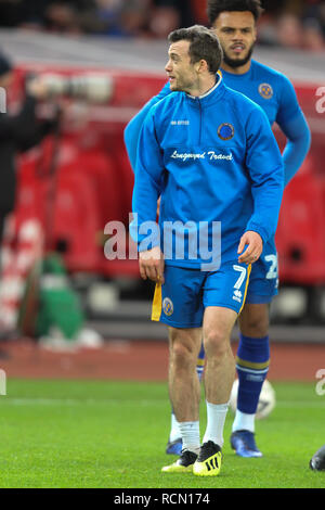 Stoke, UK. 15 Jan, 2019. Shrewsbury Town Mittelfeldspieler Shaun Whalley (7) Während der Dritten Runde des FA Cup Replay Übereinstimmung zwischen Stoke City und Shrewsbury Town an der Bet365 Stadium, Stoke-on-Trent, England am 15. Januar 2019. Foto von Jurek Biegus. Nur die redaktionelle Nutzung, eine Lizenz für die gewerbliche Nutzung erforderlich. Keine Verwendung in Wetten, Spiele oder einer einzelnen Verein/Liga/player Publikationen. Credit: UK Sport Pics Ltd/Alamy leben Nachrichten Stockfoto