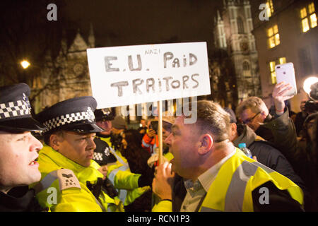 London, London UK 15 Jan 2019 ein pro Brexit Unterstützer schreit Polizei außerhalb des Unterhauses. Die Demonstranten versammeln sich auf den Tag des historischen sinnvolle Abstimmung wie der britische Premierminister, Theresa May, Unterhaus, um die Abgeordneten davon zu überzeugen, ihr Angebot zu Brexit zurück geht. Credit: Thabo Jaiyesimi/Alamy leben Nachrichten Stockfoto