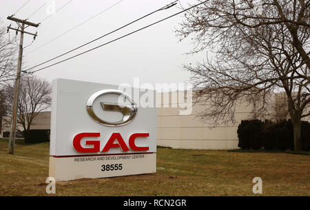 Detroit, USA. 15 Jan, 2019. Dieses Foto auf Jan. 15, 2019 zeigt die neu eröffnete R&D-Zentrum von Guangzhou Automobile Group (GAC) in Detroit, in den Vereinigten Staaten übernommen. Guangzhou Automobile Group (GAC) stellte ein Forschungs- und Entwicklungszentrum in Detroit, im US-Bundesstaat Michigan. Credit: Xu Yuan/Xinhua/Alamy leben Nachrichten Stockfoto