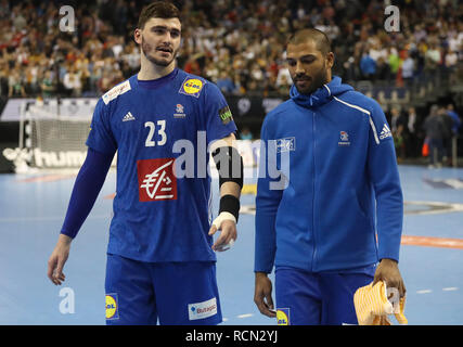 Berlin, Deutschland. 15. Jan 2019. Ludovic Fabregas und Nicolas Claire (Frankreich) während der IHF Männer Wm 2019: Gruppe A handball Match zwischen Deutschland und Frankreich am 15. Januar 2019 in der Mercedes-Benz Arena in Berlin, Deutschland - Foto Laurent Lairys/DPPI Credit: Laurent Lairys/Agence Locevaphotos/Alamy leben Nachrichten Stockfoto