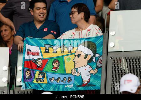 Melbourne, Australien. 16 Jan, 2019. Tennis Fans jubeln für Roger Federer aus der Schweiz während seiner zweiten Runde bei den Australian Open 2019 Grand Slam Tennis Turnier in Melbourne, Australien. Credit: Frank Molter/Alamy leben Nachrichten Stockfoto