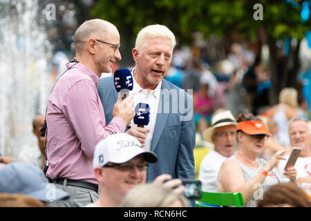 Melbourne, Australien. 16 Jan, 2019. Boris Becker während seiner Arbeit für TV-Kanal Eurosport am Australian Open 2019 Grand Slam Tennis Turnier in Melbourne, Australien. Frank Molter/Alamy leben Nachrichten Stockfoto