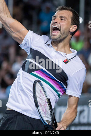 Melbourne, Australien. 16 Jan, 2018. Grigor Dimitrov Bulgarien feiert nach den Herren singles Achtelfinale gegen Pablo Cuevas aus Uruguay bei den Australian Open in Melbourne, Australien, Jan. 16, 2018. Credit: Hu Jingchen/Xinhua/Alamy leben Nachrichten Stockfoto