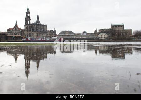 Dresden, Deutschland. 16 Jan, 2019. Die Katholische Hofkirche (l) und die Semperoper sind im Wasser der Elbe widerspiegeln. Tauwetter in den Bergen und Regen haben einige Flüsse verursacht in Sachsen zu schwellen. Credit: Sebastian Kahnert/dpa-Zentralbild/ZB/dpa/Alamy leben Nachrichten Stockfoto