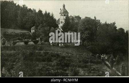 . Gartenkunst sterben. Landschaftsbau; Gärten - Europa. XV, in der GARTENKUNST. J37 Landsitz des Freiherrn Max von Heyl. Die Anlagen des Landsitzes von frhr.. Max von Heyl in Seeheim an der Bergstraße wurden bereits im Jahre 1902 bis 1903, auch in der Zeit, als der Sinn für strengere Gartengestaltung in Deutschland erst wieder zu erwachen begann, von dem damals in Dresden tätigen Professor Fritz Schumacher ausgeführt. Sie gingen Hand in Hand mit einem Umbau und Anbau einer älteren mit dem Grundstücke stehenden Villa, eine Umgestaltung, sterben beinahe einem Neubau gleich kam. This Villa Krieg urs Stockfoto