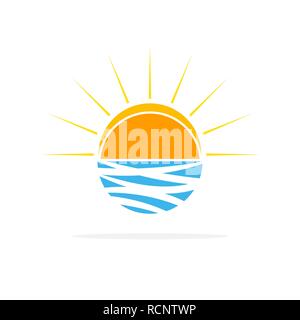 Sonne auf den Wellen Logo im flachen Design. Vector Illustration. Travel Concept, auf weißem Hintergrund Stock Vektor