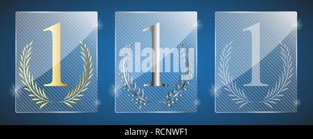 Cute Glas Trophy Awards. Vector Illustration. Drei Varianten: goldenen, silbernen und eine einfache glänzend Glas Stock Vektor