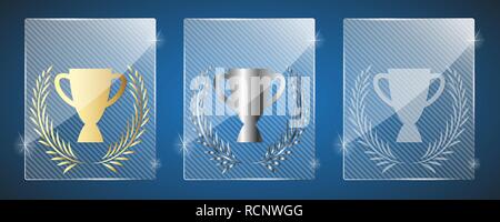 Glas Trophy Awards mit Schale. Vector Illustration. Drei Varianten: goldenen, silbernen und eine einfache glänzend Glas Stock Vektor