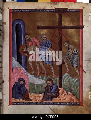 Die Deposition (Manuskriptillumination aus dem Matenadaran Evangelium). Museum: Mesrop Mashtots Institut für alte Handschriften (Matenadaran), Jerewan. Autor: Meister des Codex Matenadaran. Stockfoto