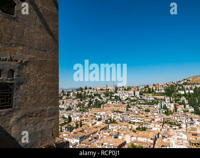 Blick auf die Altstadt von Albaicin Nasriden Palast, Alhambra, Granada, Andalusien, Spanien Stockfoto