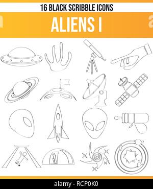 Schwarzen Symbole/Icons über Aliens. Dieses Icon Set ist perfekt für kreative Menschen und Designer, die Aliens in ihren Grafik Design benötigen. Stock Vektor