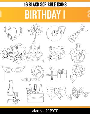 Schwarzen Symbole/Icons auf Geburtstag. Dieses Icon Set ist perfekt für kreative Menschen und Designer, die das Thema Geburtstagsparty in ihrem grafischen de benötigen Stock Vektor