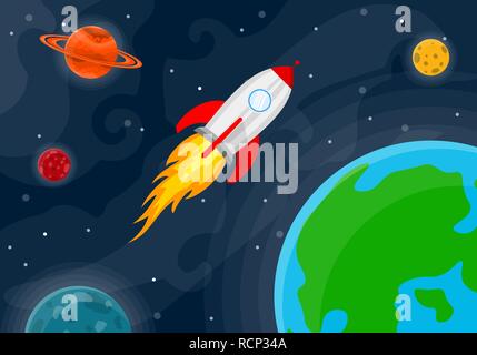 Platz Muster mit Planeten, Sterne und Rakete. Vector Illustration. Cartoon raum Hintergrund in flacher Ausführung. Stock Vektor