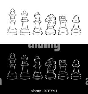 Satz Schachfiguren in flacher Ausführung. Vector Illustration. Weiße und schwarze Schachfiguren, isoliert Stock Vektor